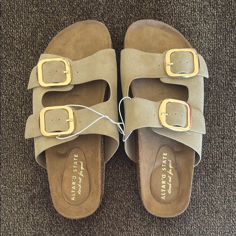 Altar'd State Beige Sandals with Gold Accents